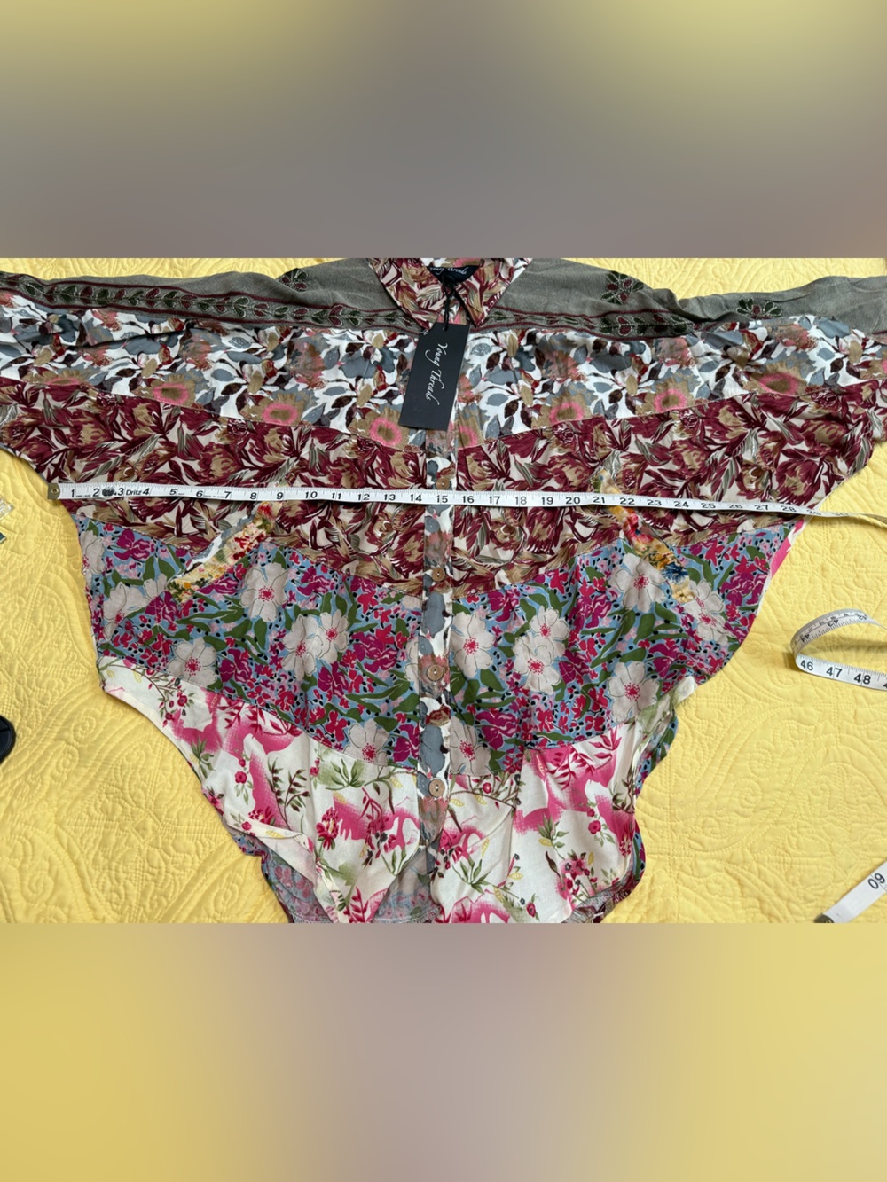 H160 NWT Young Thread M pp29 Floral Patchwork Button-Front Top Pink Olive Dolmen - Picture 9 of 12